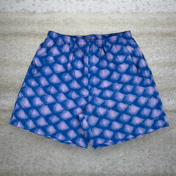 Vintage Y2K Columbia Shorts Mens S Purple Blue Crazy Fish Scales Pattern - Picture 1 of 3